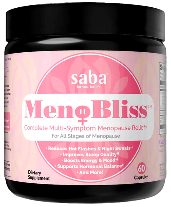 Saba MenoBliss supplement bottle for menopause relief.