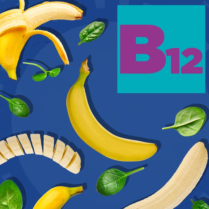 Vitamin B12 with bananas and spinach on a blue background